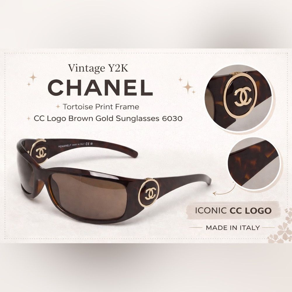 Vintage Y2K Chanel 6030 Tortoise CC Logo Sunglasses Brown Gold Logo Italy - Picture 3 of 16